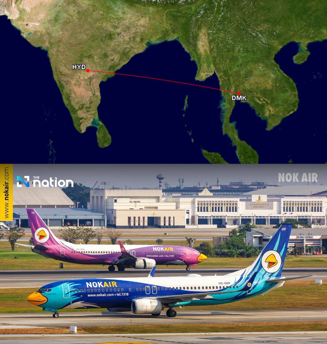HYD Air (@kvkndp) on Twitter photo 🚨 Nok Air is scheduled to restart India operations from this winter.
✈️ Route: Hyderabad (HYD) – Bangkok Don Mueang (DMK) 4x weekly, eff. Oct 26
** Schedule is subject to change
#aviation #avgeeks #Telangana #Thailand <a href="/NokAirlines/">nokairlines</a> #HYDAirport #FlyHYD #NokAir 🚨 Nok Air is scheduled to restart India operations from this winter.
✈️ Route: Hyderabad (HYD) – Bangkok Don Mueang (DMK) 4x weekly, eff. Oct 26
** Schedule is subject to change
#aviation #avgeeks #Telangana #Thailand <a href="/NokAirlines/">nokairlines</a> #HYDAirport #FlyHYD #NokAir