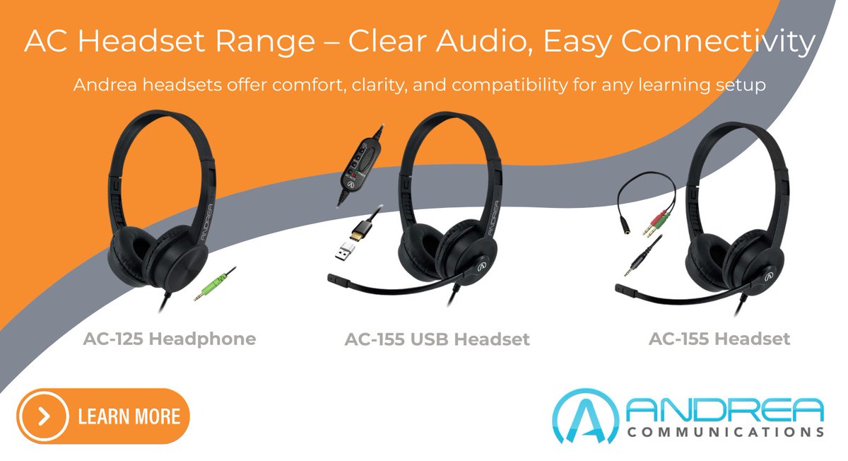 🎧 Discover the AC Headset Range – Built for Education, Designed for Versatility
All-day comfort, and plug-and-play simplicity. 
Learn more: bit.ly/3TeoFT8  
#EdTech #HeadsetsForLearning #AndreaCommunications