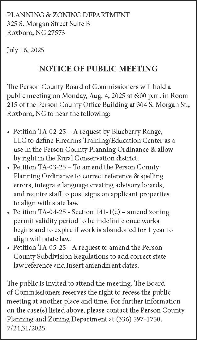 Public Hearing Notice for Text Amendments to be heard at the August 4, 2025, Board of Commissioners Meeting