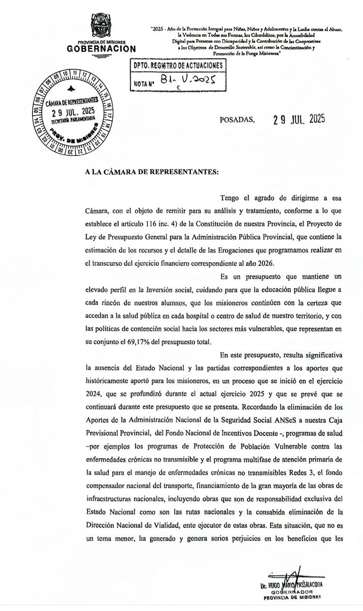 Acabo de presentar, en el plazo constitucional, el proyecto de ley del Presupuesto General para la Administración Pública de la Provincia 2026, que asciende a $4.092.995.715.000 (pesos cuatro billones noventa y dos mil novecientos noventa y cinco millones setecientos quince mil).