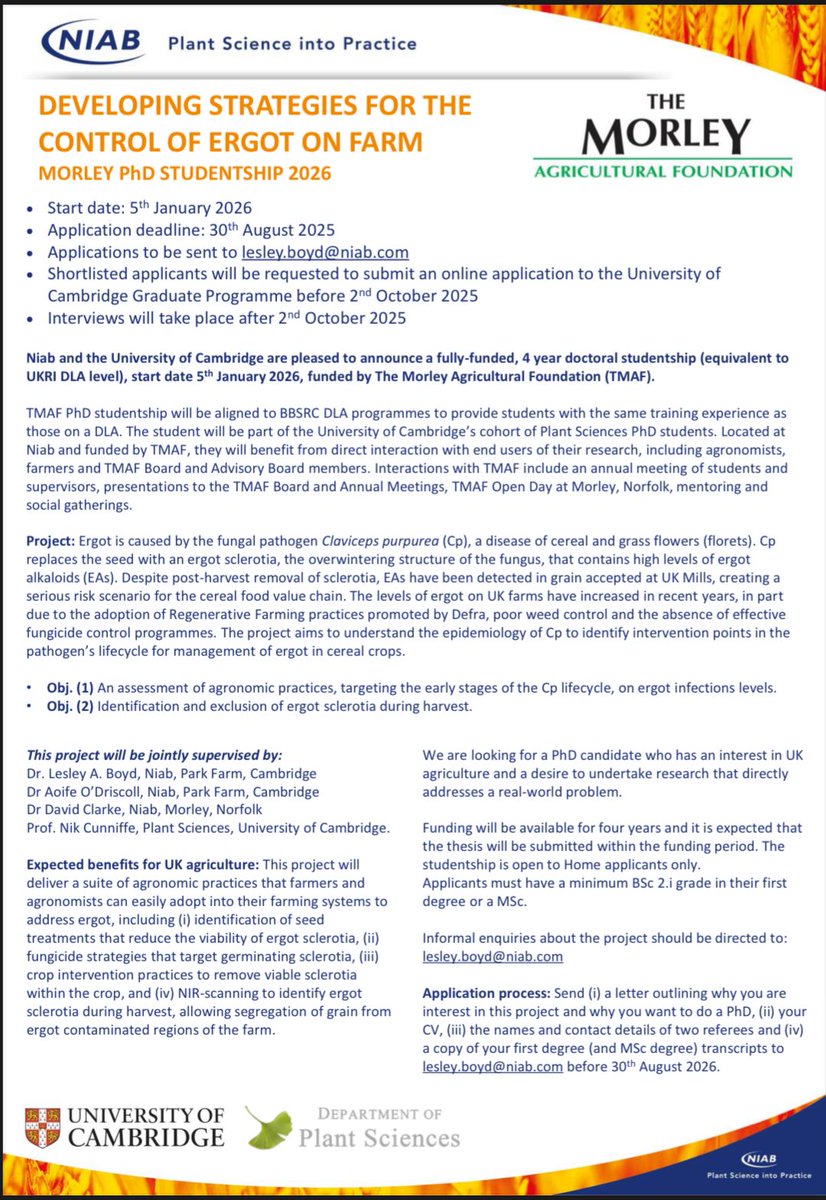 We still have a PhD position open to work on a great project, developing strategies for ergot control on-farm. It's open to Home applicants only unfortunately, registered @Cambridge Uni, fully funded for 4 years and working with a FAB team of supervisors😊niab.com/phds-at-niab