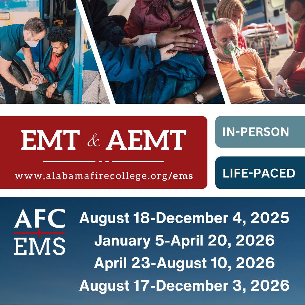 🚑 Ready to make a difference?
Enroll in our EMT &amp; Advanced EMT programs — now offered in-person &amp; online!

✅ Flexible training
✅ Real-world skills
✅ Fast-track your EMS career

⏳ Limited spots!
🔗 Register now: alabamafirecollege.org/ems