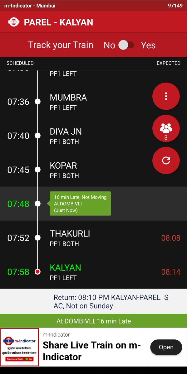prat2914's tweet image. Week 3 29/7 Way back home
@RailwaySeva @srdomcogbbcr
16 mins late. We don't have any family, we don't have any work to do at home. Hence you people always believe in delaying the trains and making our life worst.
#mumbailocals #alwayslate #needsolution #localtrains