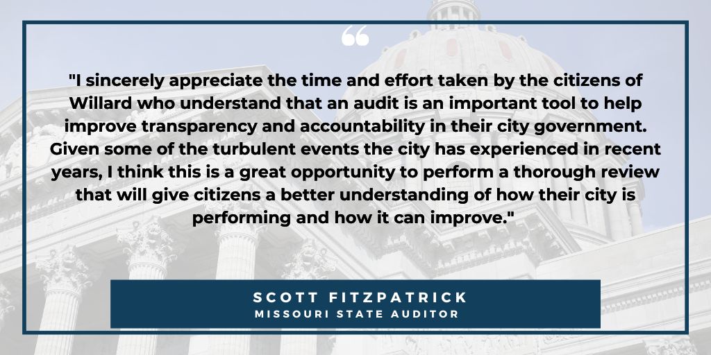 At the request of concerned residents of the City of Willard, Auditor Fitzpatrick has started an audit of the municipality located in Southwest Missouri. The audit was initiated by residents, who collected 406 certified signatures to trigger the petition audit process.

Read more