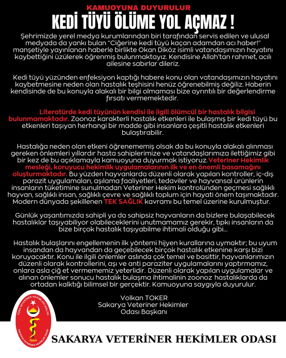 KAMUOYUNA DUYURULUR 

KEDİ TÜYÜ ÖLÜME YOL AÇMAZ! 

Şehrimizde yerel medya kurumlarından biri tarafından servis edilen ve ulusal medyada da yankı bulan “Ciğerine kedi tüyü kaçan adamdan acı haber!” manşetiyle yayınlanan haberle birlikte Okan Diköz isimli vatandaşımızın hayatını