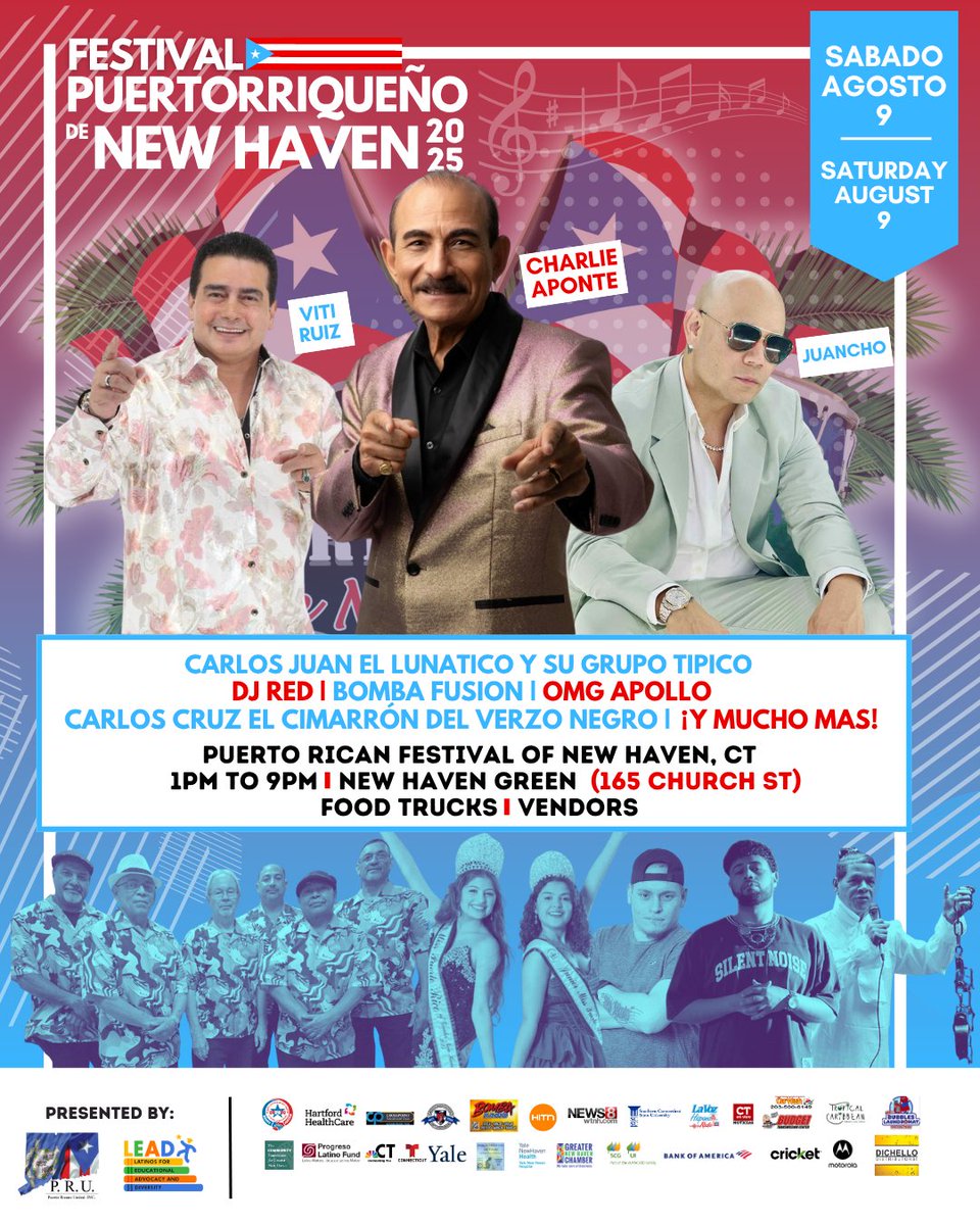 🇵🇷 ¡𝐋𝐄𝐀𝐃 y 𝐏.𝐑.𝐔. presentan el Puerto Rican Festival of New Haven 2025!
📍 165 Church St | 📅 Ago 9 | 🕐 1–9PM
Con:
• 𝐂𝐡𝐚𝐫𝐥𝐢𝐞 𝐀𝐩𝐨𝐧𝐭𝐞
• 𝐕𝐢𝐭𝐢 𝐑𝐮𝐢𝐳
• 𝐉𝐮𝐚𝐧𝐜𝐡𝐨 + ¡más artistas!
📣 Org. por 𝐏.𝐑.𝐔. con apoyo de 𝐋𝐄𝐀𝐃
#LEADCT #BoricuaPride