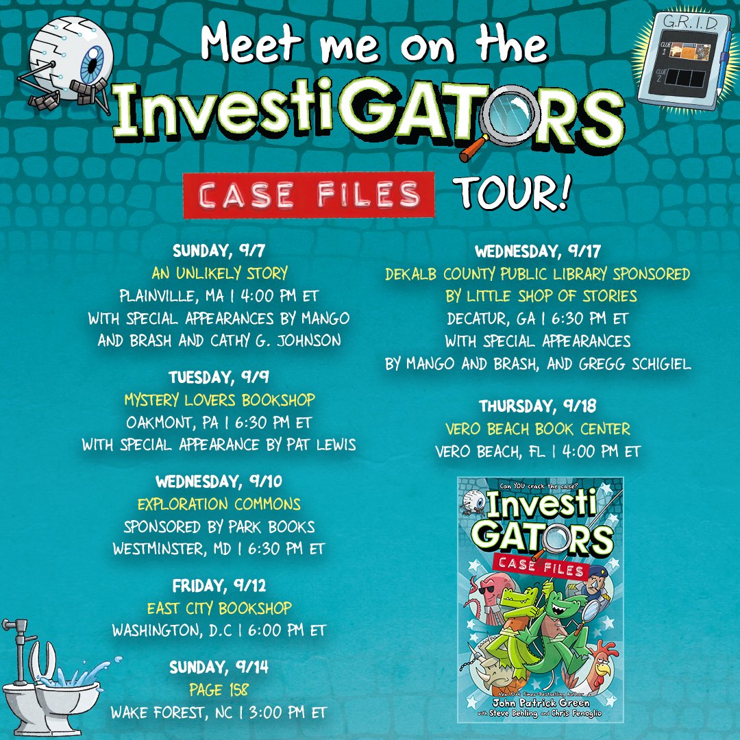 InvestiGators 🔍🐊 (@investi_gators) on Twitter photo Mango and Brash are on the case . . . and on the road this September!
From Massachusetts to Florida, come out and see <a href="/johngreenart/">John Patrick Green</a> and the InvestiGators in their newest adventure this fall!
linktr.ee/investigatorsc… Mango and Brash are on the case . . . and on the road this September!
From Massachusetts to Florida, come out and see <a href="/johngreenart/">John Patrick Green</a> and the InvestiGators in their newest adventure this fall!
linktr.ee/investigatorsc…