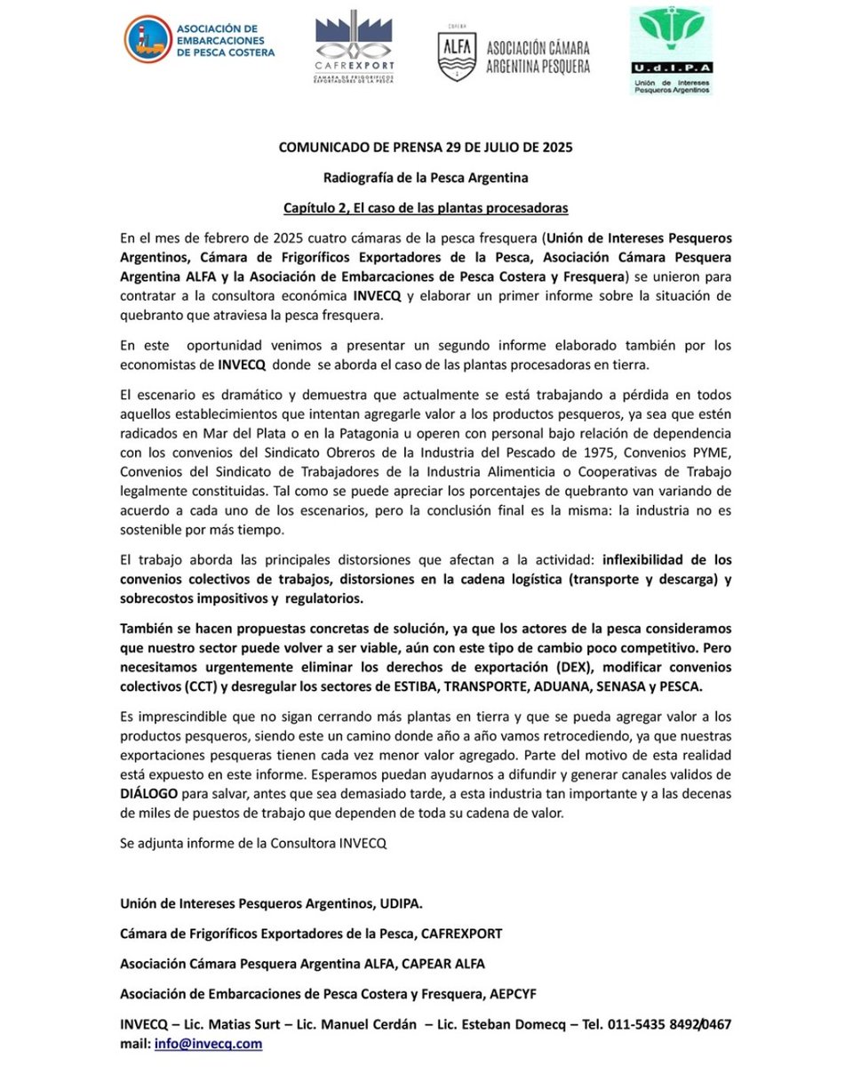 Las cámaras firmantes damos a conocer y difundimos la segunda parte del informe elaborado por la consultora <a href="/invecq/">Invecq</a> abordando el caso de las plantas procesadoras en tierra.

capearalfa.com.ar/pesca-reflejo-…

<a href="/pescacostera/">pescacostera</a> <a href="/udipapesca1/">UDIPA PESCA</a> <a href="/cafrexport/">CAFREXPORT</a>

<a href="/JMilei/">Javier Milei</a> <a href="/fedesturze/">Fede Sturzenegger</a> <a href="/LuisCaputoAR/">totocaputo</a>