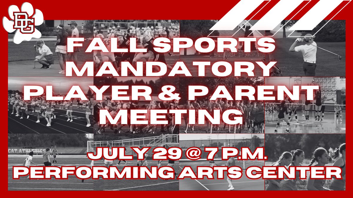 BGHS Fall Athletes &amp; Parents: Don’t miss the Mandatory Fall Sports Meeting TONIGHT!
🗓 Tues, July 29 | 🕖 7–8:30 PM |📍 PAC
Get info on schedules, expectations &amp; key updates!
✅ FinalForms signed
✅ Physical submitted resources.finalsite.net/images/v175009… 
✅ Eligibility confirmed