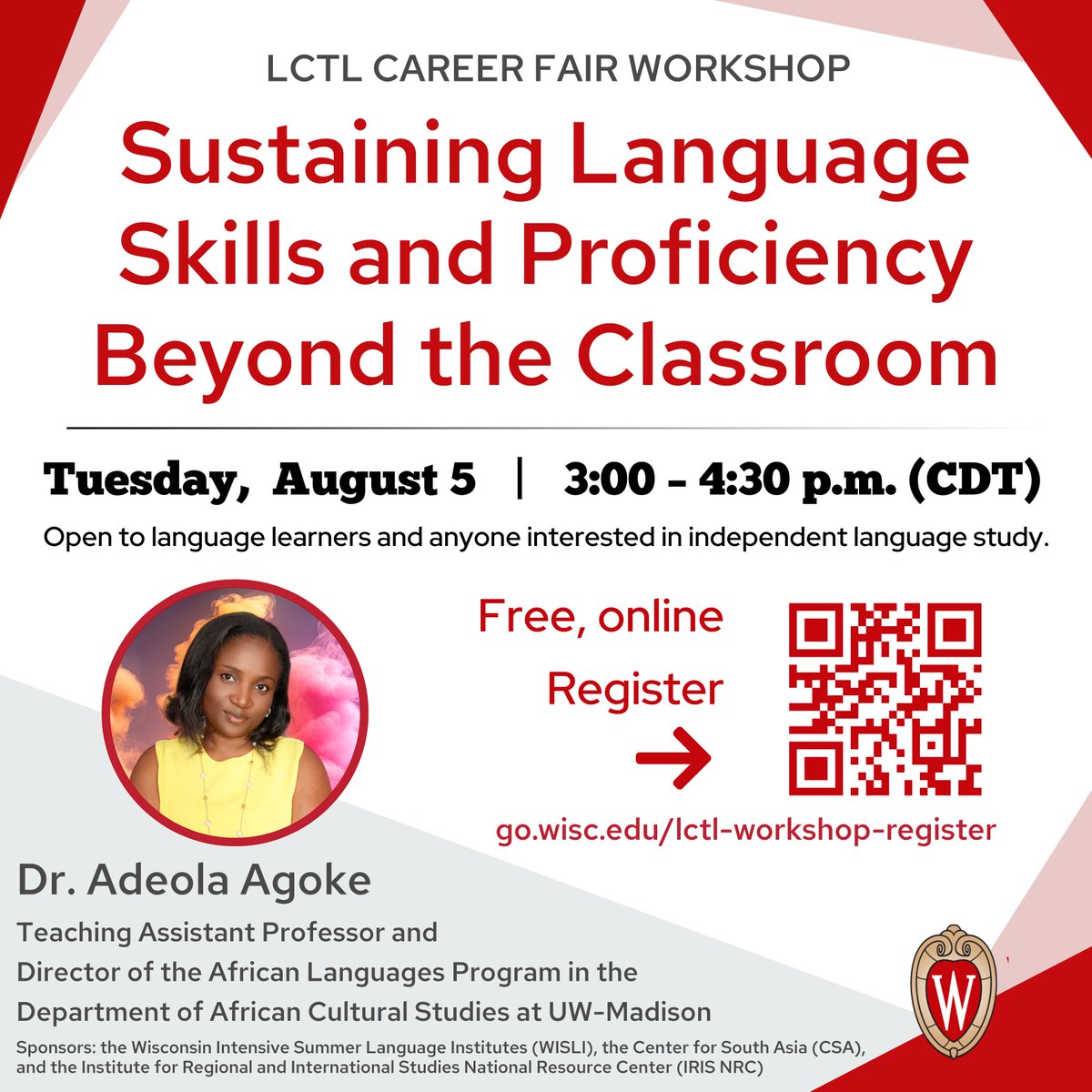 Wisconsin Intensive Summer Language Institutes (@wisli_uw) on Twitter photo 🗣️ Join this free virtual workshop on August 5 to explore tools and strategies for maintaining and growing your language skills independently.
🗓️ August 5, 2025 | ⏰ 3–4:30 PM (CT) | 🔗 go.wisc.edu/lctl-workshop
#languagelearning #languagedevelopment #LanguageMatters <a href="/sasli_uw/">South Asia Summer Language Institute</a> 🗣️ Join this free virtual workshop on August 5 to explore tools and strategies for maintaining and growing your language skills independently.
🗓️ August 5, 2025 | ⏰ 3–4:30 PM (CT) | 🔗 go.wisc.edu/lctl-workshop
#languagelearning #languagedevelopment #LanguageMatters <a href="/sasli_uw/">South Asia Summer Language Institute</a>