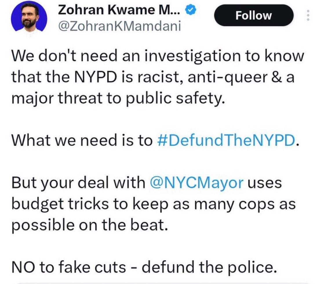 There’s a crisis in the city Zohran Mamdani wants to run. A member of its police force, which he deeply despises and wants to defund, has been murdered. 

He is overseas, reportedly partying at the lavish and heavily-guarded compound his family owns. And yes, he *loathes* NYPD: