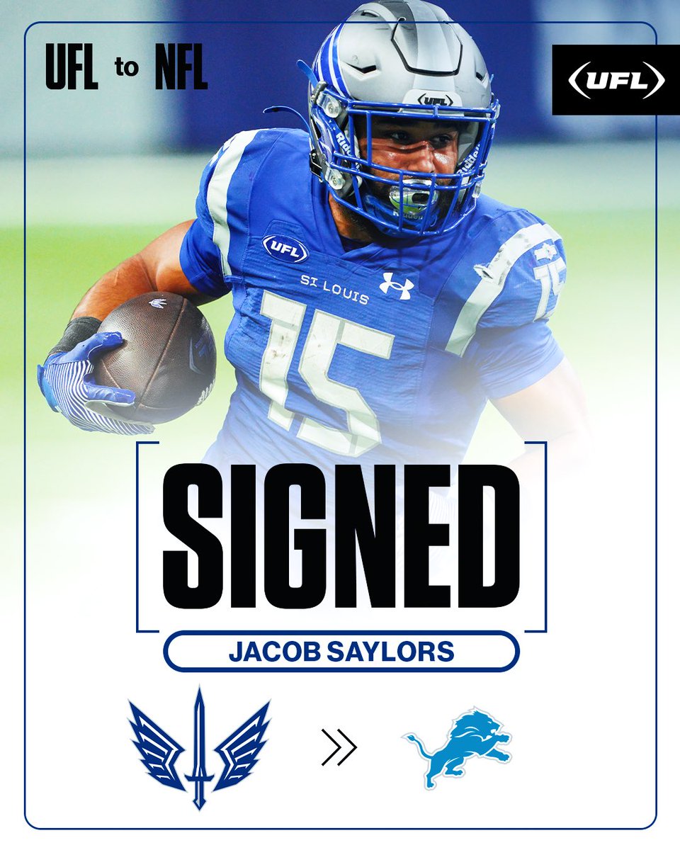 St. Louis ➡️ Detroit 

RB Jacob Saylors officially signs with <a href="/Lions/">Detroit Lions</a> 

#UFLtoNFL