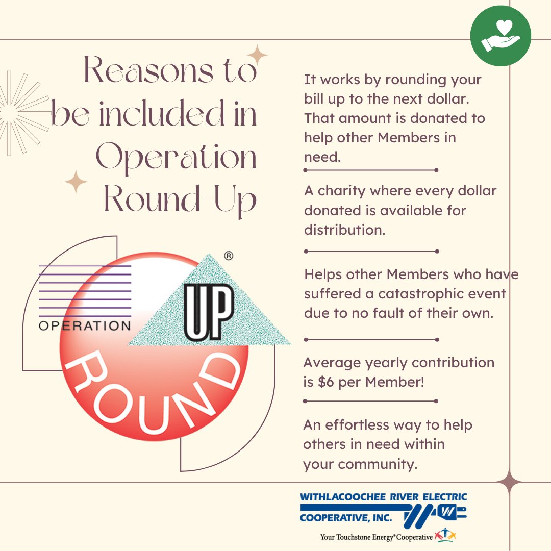 💡 Small change, big impact!
Join WREC’s Operation Round-Up and round your bill up to help local families in crisis. Just pennies a month can make a difference.
👉 Sign up at wrec.net or on the WREC App.
#OperationRoundUp #WRECcoop #GiveBack