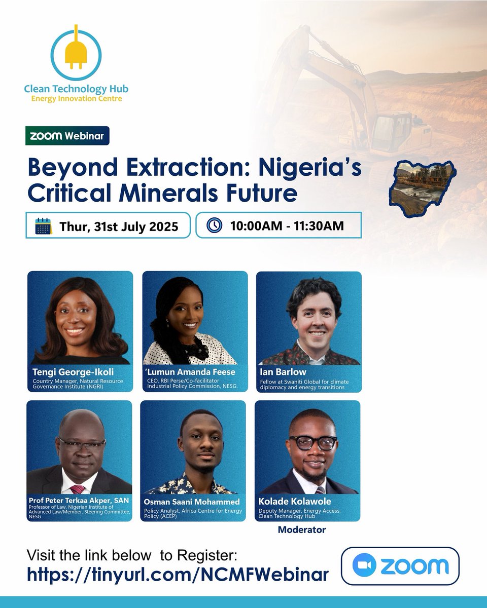 Cleantechhubng's tweet photo. As demand for critical minerals rises, how can Nigeria unlock long-term value beyond extraction?
Join leading experts as we explore solutions for green industrialisation &amp; mineral policy.
📅 July 31 | 🕙 10–11:30AM 🔗 https://t.co/kX8yYXb2eh
 #BeyondExtraction https://t.co/5yZmSBU78Q