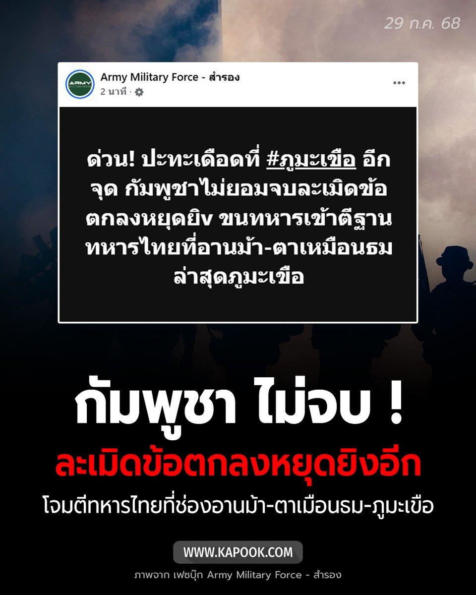 29 ก.ค. 68 เวลา 22.19 น. มีรายงานว่า สถานการณ์ชายแดน #ไทยกัมพูชา ยังเดือด ! ล่าสุด #กัมพูชา ไม่ยอมจบ ละเมิดข้อตกลงหยุดยิง บุกโจมตีทหารไทยที่ช่องอานม้า-ตาเมือนธม และล่าสุดที่ภูมะเขือ
#ไทยกับกัมพูชา #TruthFromThailand