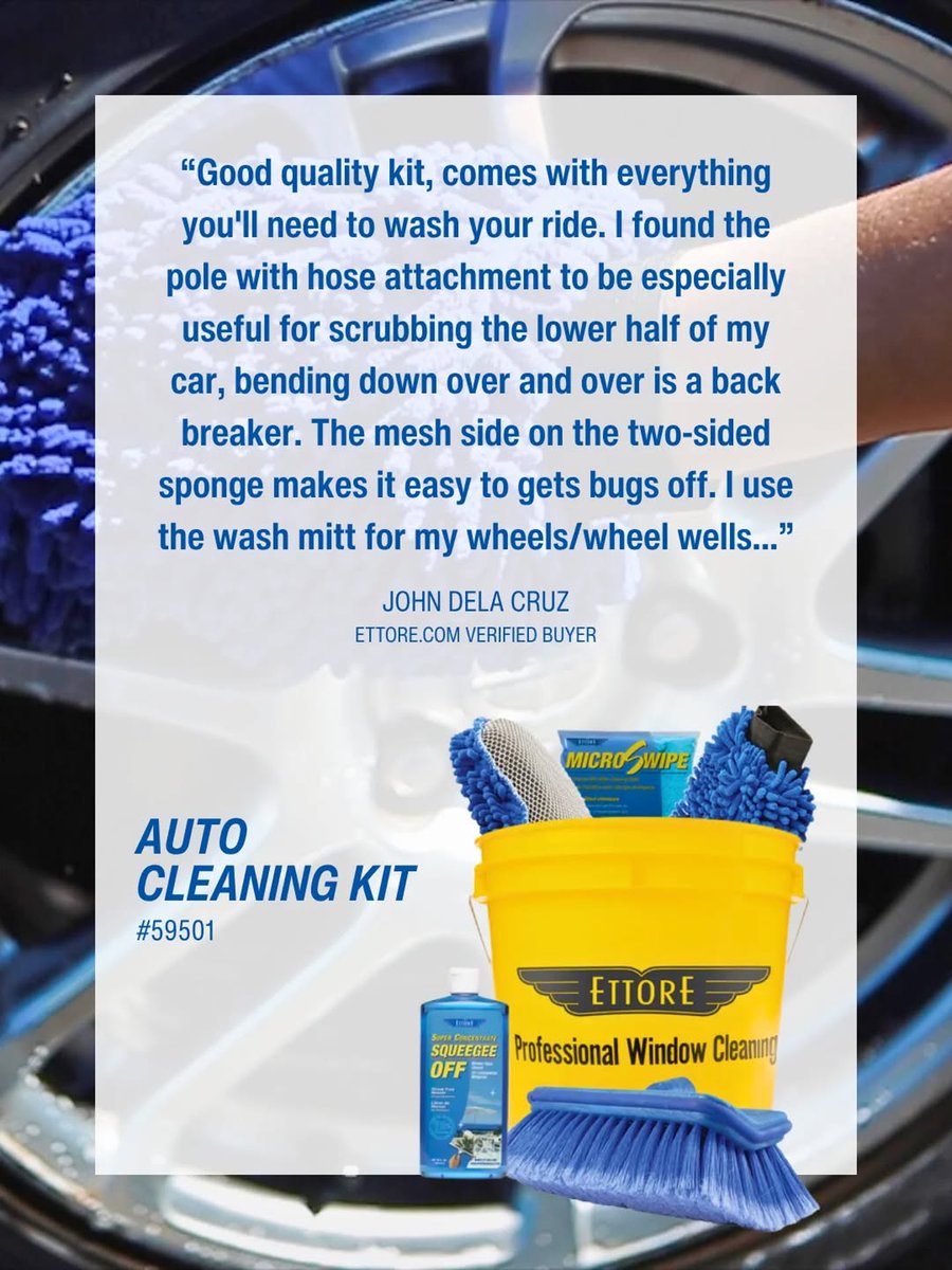 🚘 Get your ride sparkling this summer with the Ettore Auto Cleaning Kit! It's an all-in-one solution for a top-to-bottom wash, perfect for both seasoned detailers and those who just love a clean car.