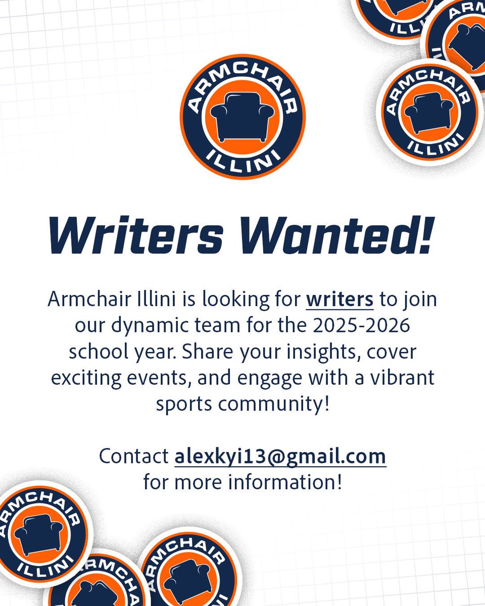 Armchair Illinois (@armchairillini) on Twitter photo 🚨JOIN THE ARMCHAIR ILLINI TEAM🚨
We at Armchair Illini are looking for writers and content creators to join our team. If you want to join a group of easy to work with, motivated and growing group of Illini fans, Dm us or email me at alexkyi13@gmail.com 🚨JOIN THE ARMCHAIR ILLINI TEAM🚨
We at Armchair Illini are looking for writers and content creators to join our team. If you want to join a group of easy to work with, motivated and growing group of Illini fans, Dm us or email me at alexkyi13@gmail.com