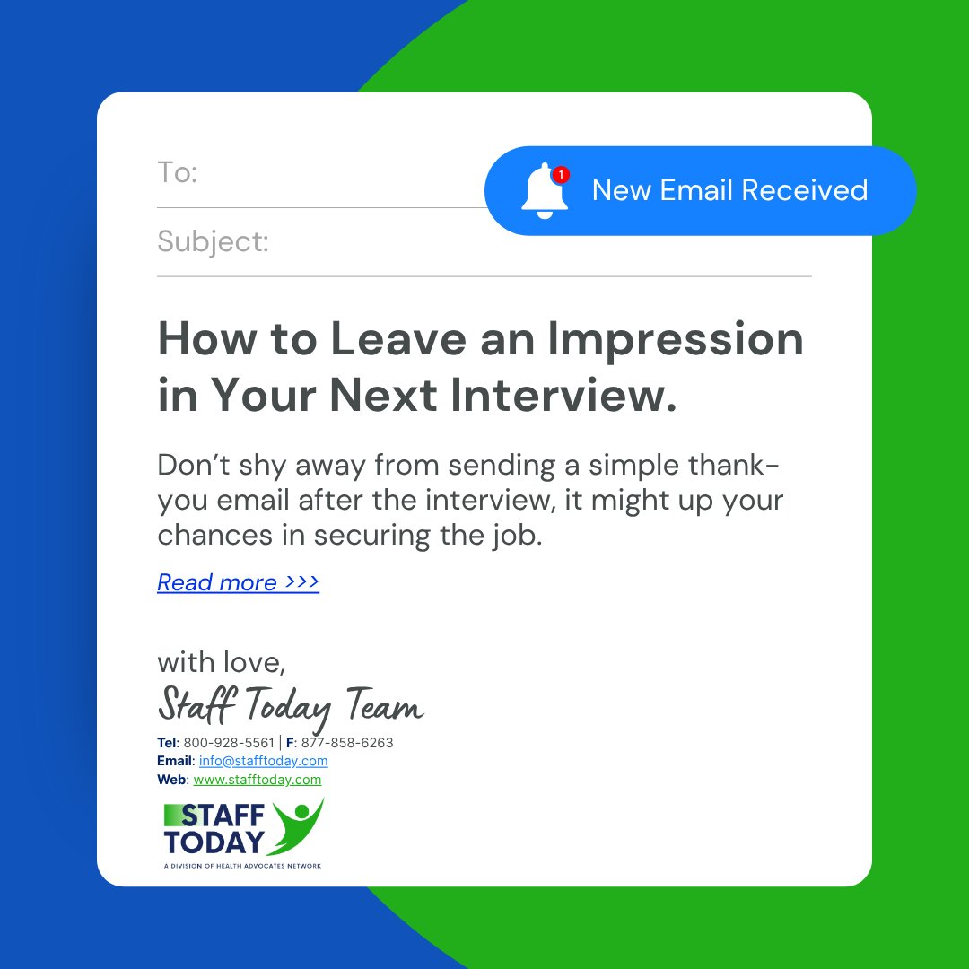 StaffToday25's tweet image. Job Tip: Follow up! A quick thank-you email after your interview leaves a lasting impression 💬

📞 800-928-5561
🔹 X (Twitter): x.com/StaffToday25
🔹 Website: stafftodayinc.com

#TipsThursday #HealthcareJobs #StaffToday #BestStaffingAgency #WorkWithStaffToday
