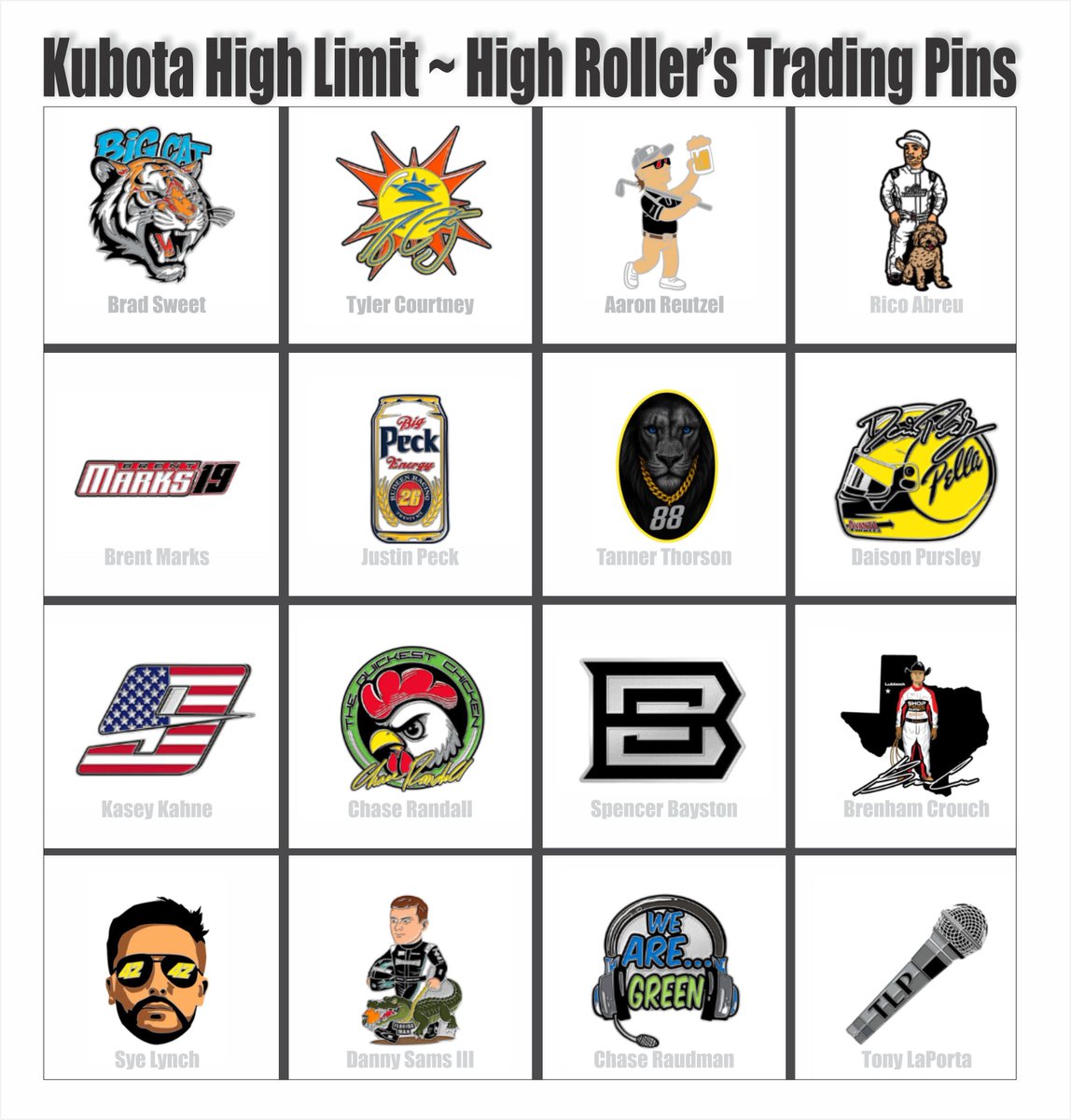 Limited edition High Limit trading pins are here! 🤩

These 17 custom designs are available trackside only — beginning at Knoxville — at the official HLR merch trailer and in High Rollers merch trailers.

Pins are $10 each and sealed in a mystery bag to make the collecting fun.