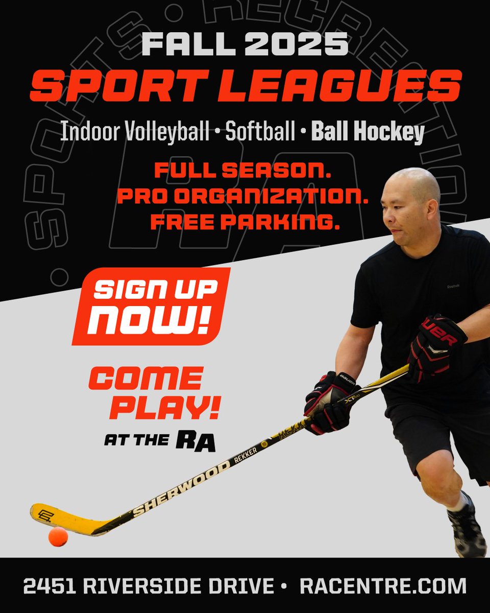 RASportsLeagues's tweet photo. Registration for Fall Leagues is NOW OPEN!

The perfect mix of competition and camaraderie! 🤝 Rally your friends, family, and coworkers to join in on the fun together!

🥅 Ball Hockey
🥎 Softball
🏐 Indoor Volleyball

https://t.co/arHGybTkpa

#RACentre https://t.co/85nbSfhMHI