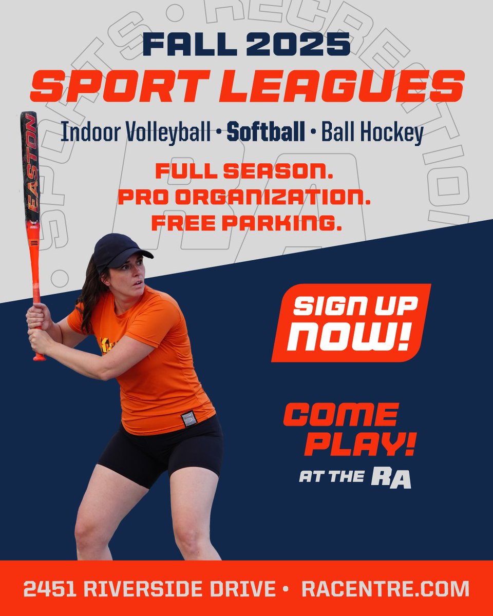 RASportsLeagues's tweet photo. Registration for Fall Leagues is NOW OPEN!

The perfect mix of competition and camaraderie! 🤝 Rally your friends, family, and coworkers to join in on the fun together!

🥅 Ball Hockey
🥎 Softball
🏐 Indoor Volleyball

https://t.co/arHGybTkpa

#RACentre https://t.co/85nbSfhMHI