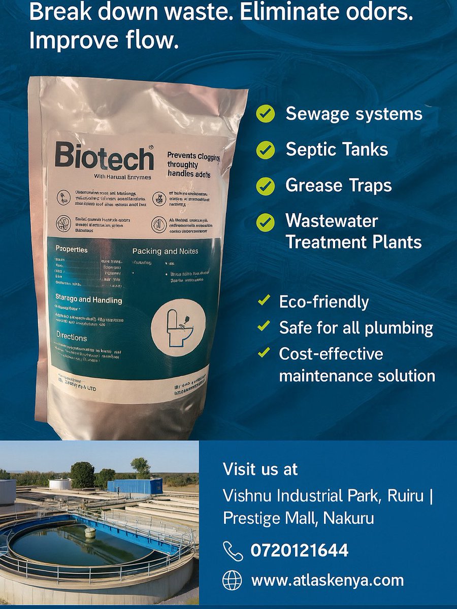 Atlaskenya's tweet image. ♻️ Powerful Enzyme Solutions for Sewage &amp;amp; Wastewater Treatment
Break down waste. Eliminate odors. Improve flow.

#WastewaterTreatment
#SewageSolutions
#EcoFriendlyCleaning
#EnzymeTreatment
#CleanWaterKenya
#GreaseTrapSolution
#SepticTankCare
#BiotechEnzymes
#WaterTreatmentExperts…