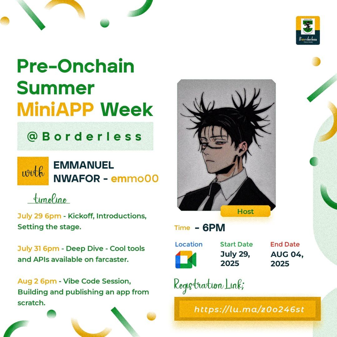 Borderless Dev Hub UNN (@borderlessunn) on Twitter photo Skills and preparedness are what we prepare community members for.
Pre-onchain Summer starts with our Dev Lead <a href="/emmo0x00/">Emmo00 • Borderless4.0</a>. Register here: lu.ma/z0o246st
See you all this evening ☺️☺️ Skills and preparedness are what we prepare community members for.
Pre-onchain Summer starts with our Dev Lead <a href="/emmo0x00/">Emmo00 • Borderless4.0</a>. Register here: lu.ma/z0o246st
See you all this evening ☺️☺️
