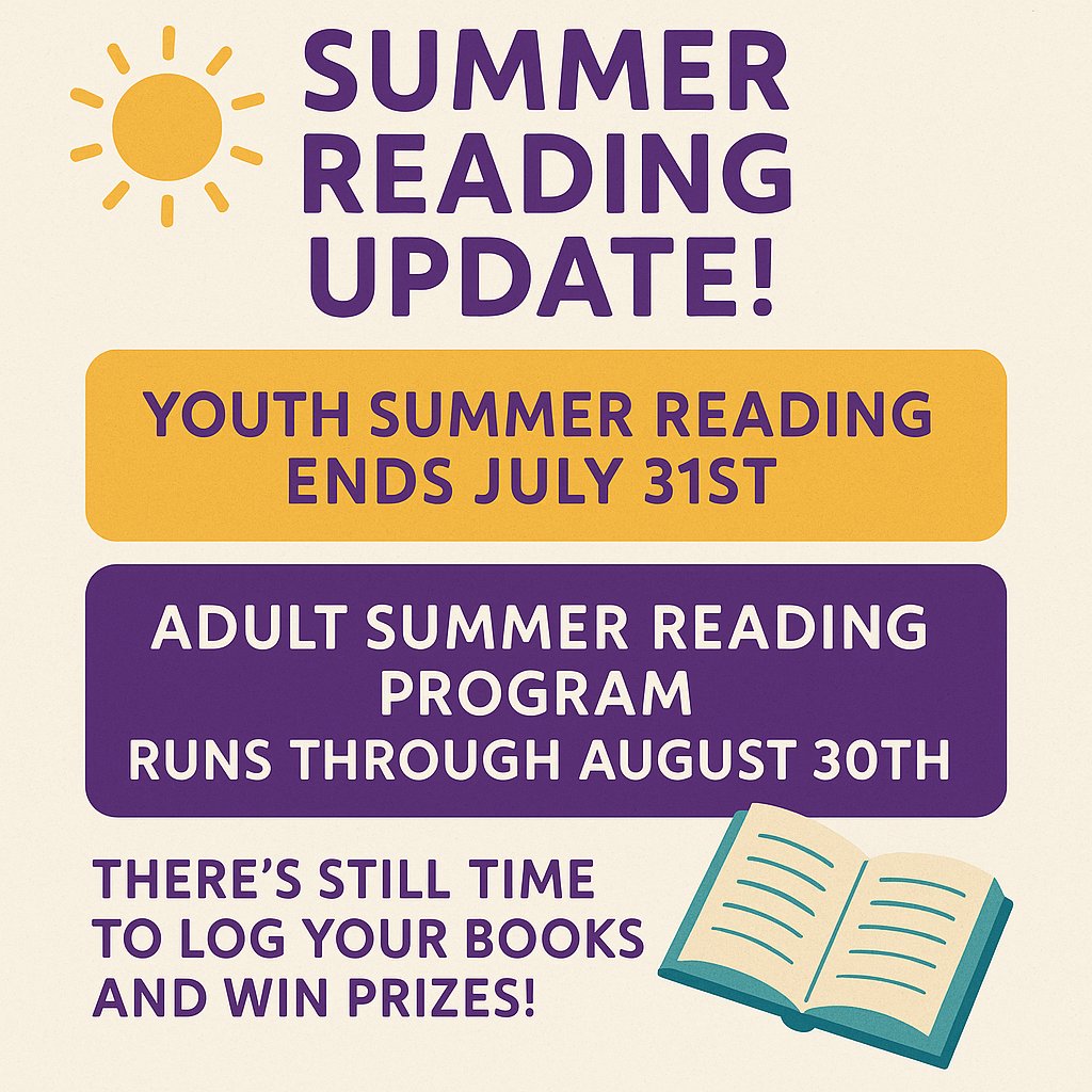 EudoraPublicLib's tweet photo. 📷📷 Summer Reading Update! 📷📷
Youth Summer Reading ends July 31st, but adults—keep reading!
Our Adult Summer Reading Program runs through August 30th.
There’s still time to log your books and win prizes! 📷 https://t.co/krRYj1POlR