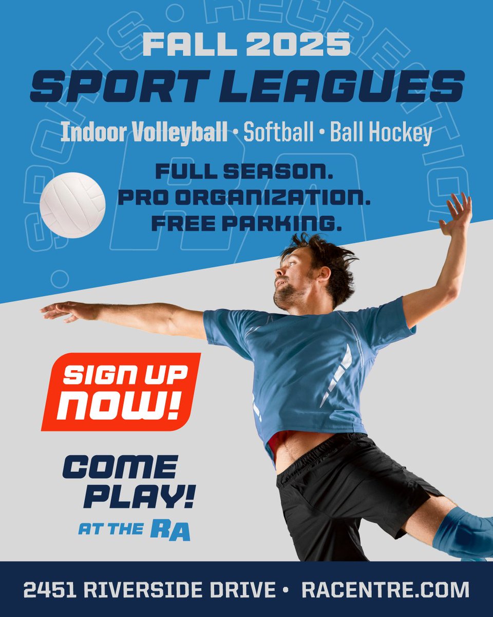 RASportsLeagues's tweet photo. Registration for Fall Leagues is NOW OPEN!

The perfect mix of competition and camaraderie! 🤝 Rally your friends, family, and coworkers to join in on the fun together!

🥅 Ball Hockey
🥎 Softball
🏐 Indoor Volleyball

https://t.co/arHGybTkpa

#RACentre https://t.co/85nbSfhMHI