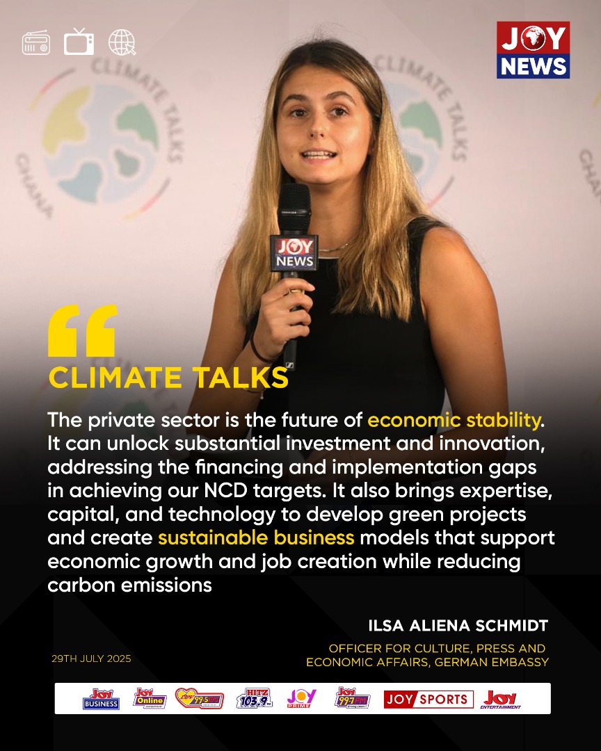 Joy997FM's tweet image. #ClimateTalks: The private sector is the future of economic stability. It can unlock substantial investment and innovation, addressing the financing and implementation gaps in achieving our NCD targets - Ilsa Aliena Schmidt.

#JoyNews