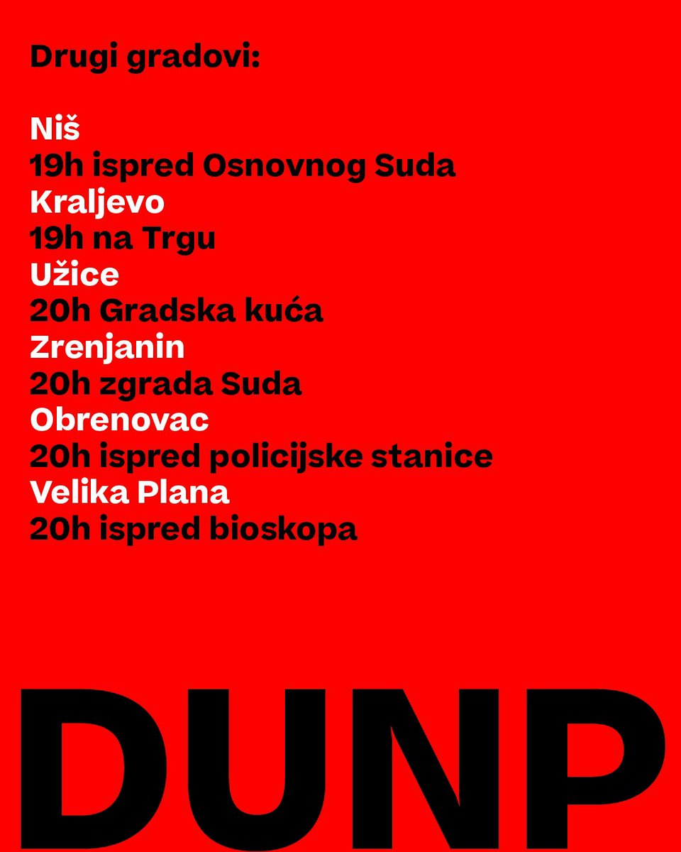 Studenti_U_Blokadi (@studentblokade) on Twitter photo Večeras smo na ulici za <a href="/blokada_dunp/">DUNP blokada</a> !
Više informacija o tačnim lokacijama blokada možete pronaći na nalozima zborova.
Niko nije sam, svi na ulice! ❤️ Večeras smo na ulici za <a href="/blokada_dunp/">DUNP blokada</a> !
Više informacija o tačnim lokacijama blokada možete pronaći na nalozima zborova.
Niko nije sam, svi na ulice! ❤️
