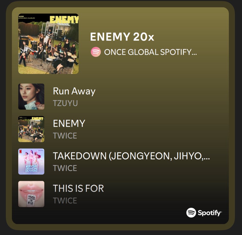 flywithtzuyu's tweet photo. Streaming now with this playlist ๐ง
And guess what โ the first track is TZUYUโs โRun Awayโ! ๐
๐ ENEMY 20x
@OGSpotifyTeam_
๐ https://t.co/qlSXQgQKR3
#TWICE #ENEMY #RunAway #abouTZU #StreamWithLove