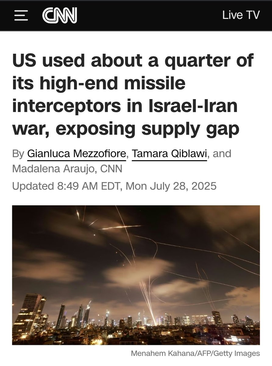 "آمریکا حدود یک چهارم از کل موشک‌های رهگیر پیشرفته خود را در جنگ اسرائیل و ایران استفاده کرد".

این موضوع ضمن اینکه دلیل اصلی آتش بس را افشا می‌کنه پرده از دو اشتباه محاسباتی مهم اسرائیل هم برمیداره. اول اینکه توان موشکی ایران را بسیار کمتر از واقعیت محاسبه کرده بودند و اشتباه