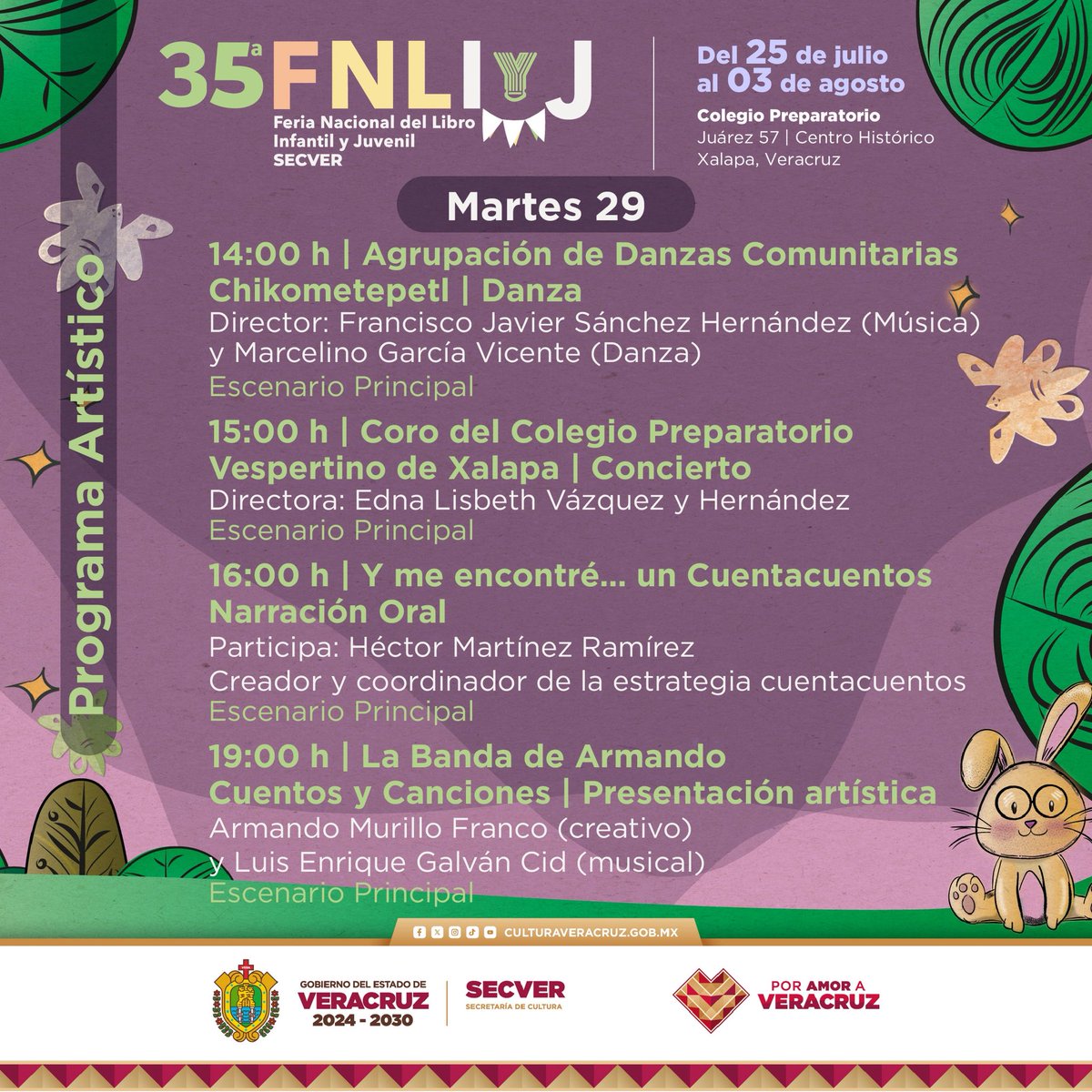Ya está aquí la cartelera de este martes 29 de julio en la #35FNLIyJ 🤩.

Prepárate para un día lleno de libros, lecturas, talleres y mucha diversión para todas y todos 📚.

👉 Consulta el programa completo aquí:
ivecnas.ddns.net:50194/admin/Doctos/2….