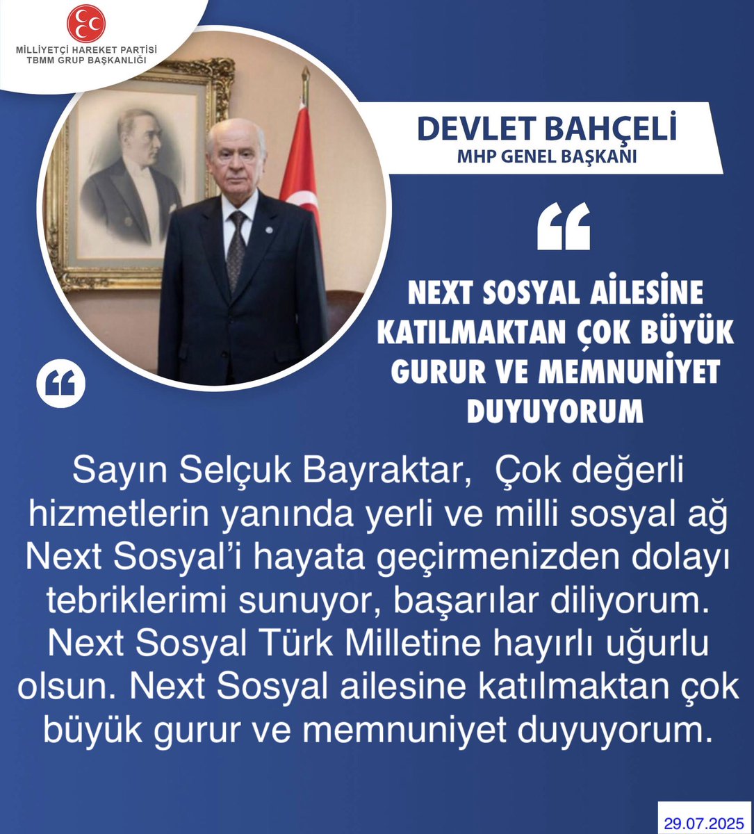 Genel Başkanımız Sayın Devlet BAHÇELİ <a href="/dbdevletbahceli/">Devlet Bahçeli</a>: Next Sosyal ailesine katılmaktan çok büyük gurur ve memnuniyet duyuyorum