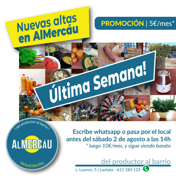 Sin cestas semanales ni consumos mínimos. Cuotas muy reducidas, precio de coste, productos frescos de temporada y trato exclusivo con pequeños productores.

Si nos quieres NO TE DES DE ALTA ESTA SEMANA. Espera a la que viene y paga el doble. Nos vendrá bien 😜 30€ en vez de 60.