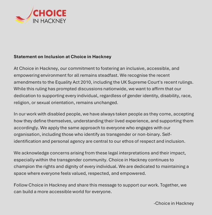 Choice in Hackney champions inclusivity! With updates to the Equality Act 2010, our new statement reflects our commitment to fairness &amp; diversity. Read it [link] &amp; help us build an inclusive Hackney! 💙 Share your thoughts. #HackneyInclusivity #EqualityForAll #Equalityact