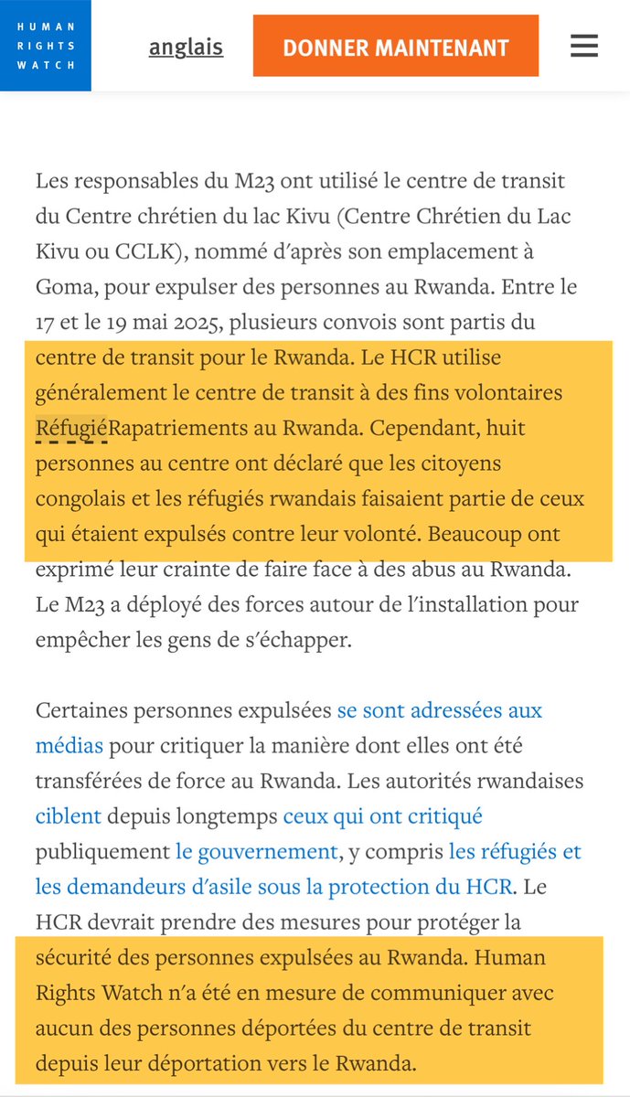 Selon Human Rights Watch, le Rwanda, avec l’aide du Haut Commissariat des Nations Unies pour les réfugiés (HCR), expulse les Congolais de leur propre terre
et détruit toute preuve de citoyenneté ou d’identité.

Ce nettoyage silencieux et méthodique
s’inscrit dans une stratégie de