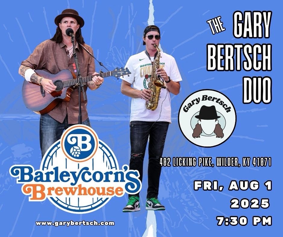 Garren and I have a show Friday, 8/1/25 at Barleycorn’s Brewhouse, Wilder, KY - 7:30.
Let’s go.  <a href="/garrenb24/">Garren Bertsch</a> 

#singersongwriter #folkrock #americanamusic #kentuckymusic #cincinnatimusic