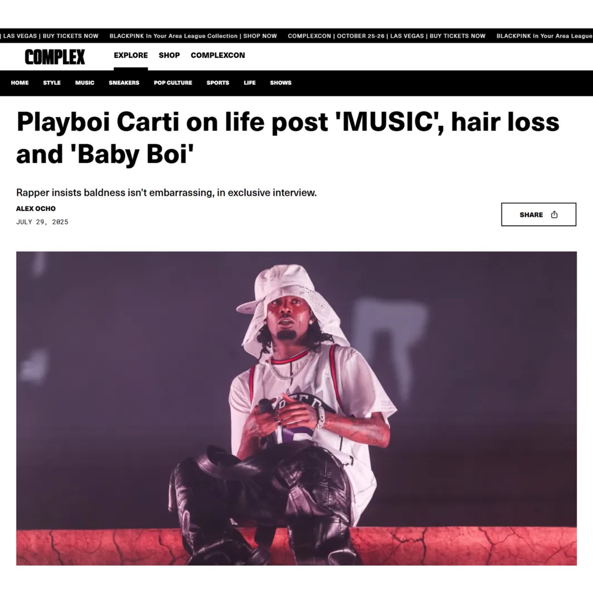 _CapTV's tweet photo. Playboi Carti reveals that he went BALD earlier this year ‼️

“One album every five years is too much [stress], I lost my hair and sh*t’

Carti explained that he bought hair plugs to ‘hide his shame’, with fans now dubbing him ‘Plugboi Baldi’ 👀

- via Complex https://t.co/lApW7mGGbP