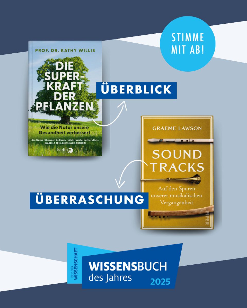 Zwei Sachbücher aus dem Piper Verlag sind für das »Wissensbuch des Jahres 2025« des Magazins Bild der Wissenschaft nominiert:

🌿 »Die Superkraft der Pflanzen« (Kathy Willis)
🎵 »Soundtracks« (Graeme Lawson)

Jetzt bis 14.8. auf brnw.ch/21wUvJt abstimmen!