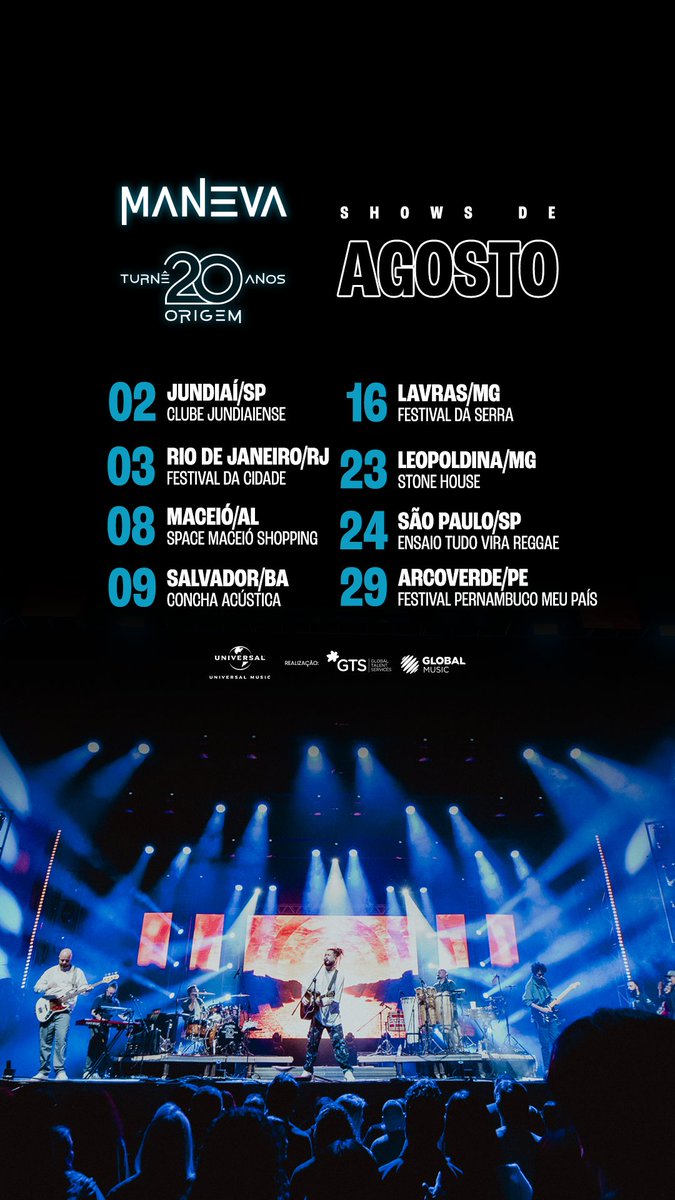 bandamaneva's tweet photo. Agosto é bora pro REGGAE demais 🔥 Em qual cidade a gente se encontra pra viver a turnê “Maneva - 20 Anos, Origem”?!

Comemorar 2 décadas de Manevão com vocês tem sido emocionante 💛

Ingressos em https://t.co/EYy56zLlGz

#Maneva #Maneva20AnosOrigem https://t.co/rYDQMkMHyQ
