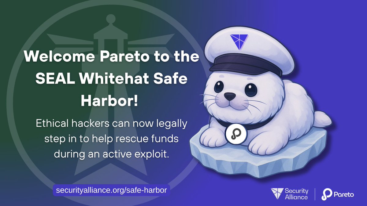 _SEAL_Org's tweet image. We’re excited to welcome @paretocredit as the latest protocol to adopt the SEAL Whitehat Safe Harbor Agreement, bringing TVL protected under the agreement to $16B+! 🤝