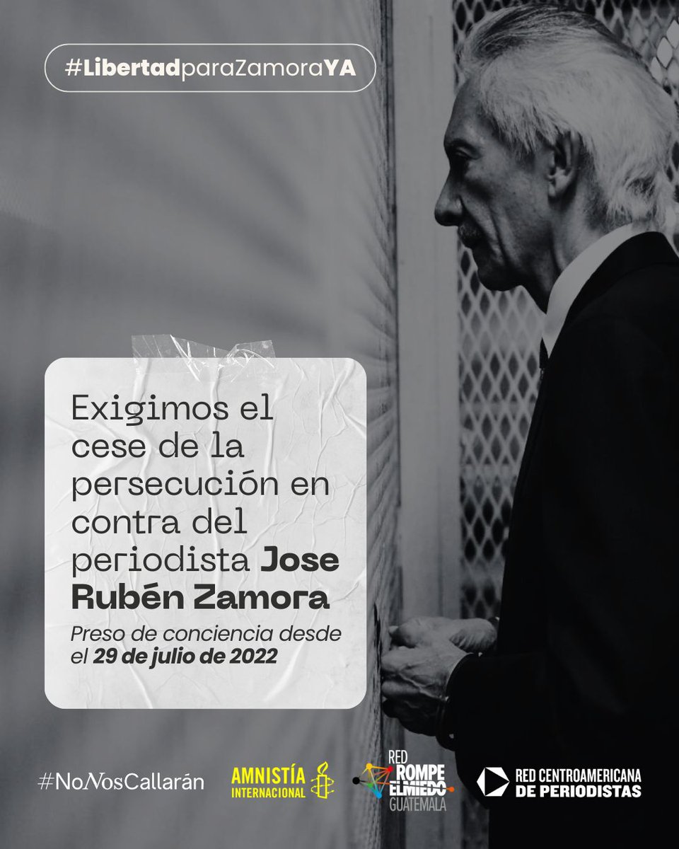 #LibertadparaZamoraYA ✊ A tres años de su detención arbitraria, Jose Rubén Zamora sigue privado de libertad.
Su caso es uno de los ataques más graves contra el periodismo en Centroamérica.
📢 Exigimos libertad inmediata para Zamora.

#ElSilencioNOEsOpción

📸Christian Gutiérrez