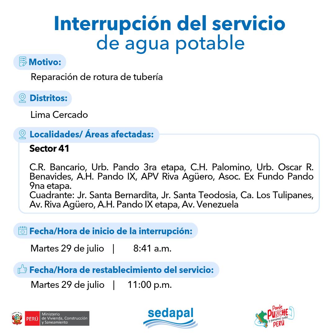 SedapalOficial's tweet photo. 🚨 #LoÚltimo | ¡Atención vecinos de #LimaCercado! #Sedapal atiende una emergencia imprevista por lo que se interrumpirá parcialmente el servicio de agua en algunos sectores. Más detalles aquí 👇 #InterrupciónDelServicio https://t.co/f5ULvY25DE