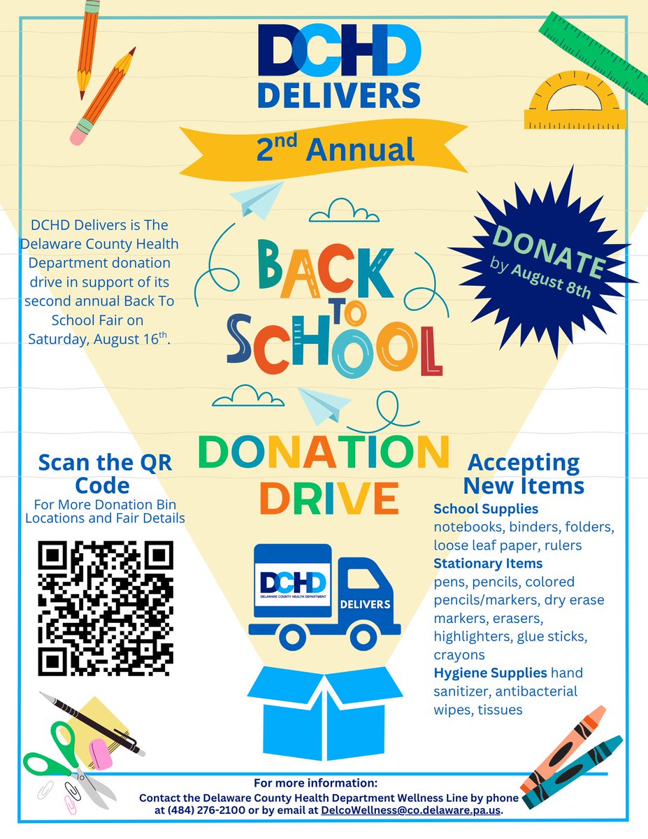 Rep. Joanna McClinton (@repmcclinton) on Twitter photo .<a href="/DelcoHD/">Delaware County Health Department</a> is hosting its 2nd annual Back to School Donation Drive until August 8. For more info scan the QR code or visit delcopa.gov/health/backtos…. Questions? Contact 484-276-2100 or DelcoWellness@co.delaware.pa.us. .<a href="/DelcoHD/">Delaware County Health Department</a> is hosting its 2nd annual Back to School Donation Drive until August 8. For more info scan the QR code or visit delcopa.gov/health/backtos…. Questions? Contact 484-276-2100 or DelcoWellness@co.delaware.pa.us.