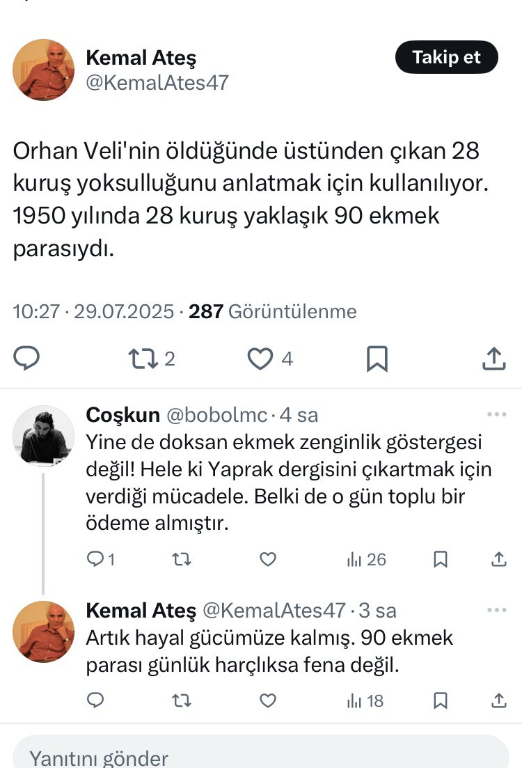 “Siz, Orhan Veli’nin, kimi günler öğle yemeğini bir bakkal dükkânı köşesinde iki çiğ yumurta içmekle geçiştirdiğini bilmiyor musunuz? Bir de kalkmış, bunlar için genç yaşta öldüler diye acınıyorsunuz. Ölmesinler de ne yapsınlar?”

Cevdet Kudret, Muşmula ile Köpek(1907-1992)