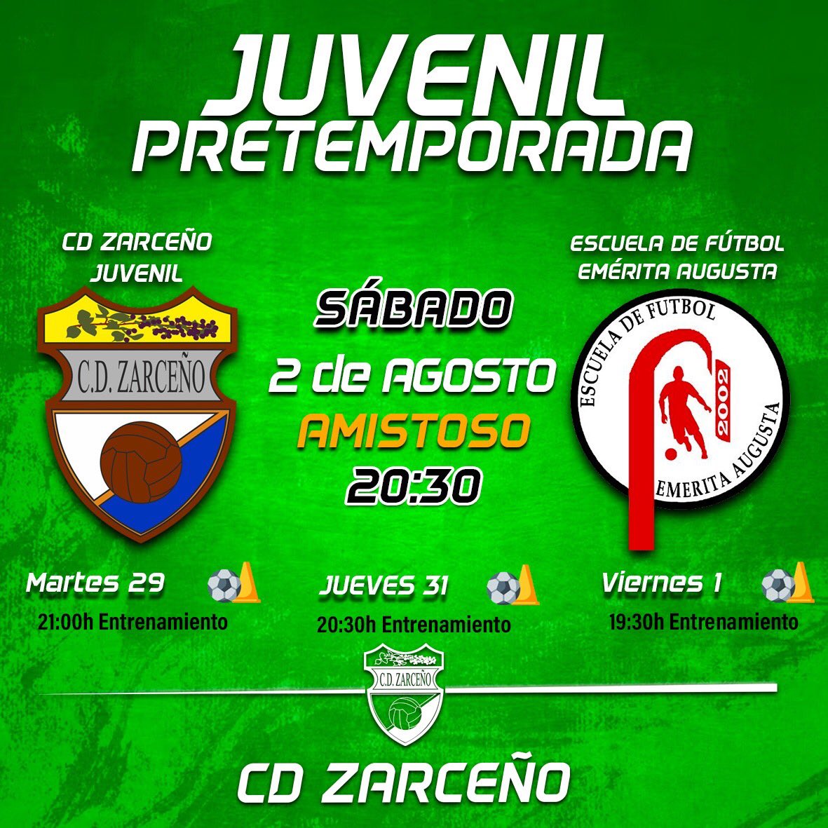 CDZarceno's tweet photo. 📣PRETEMPORADA JUVENIL MODIFICADA📣
 💪🏻 Martes, jueves y viernes
 ⚽️ Sábado 2 a las 20:30h 📍 Ciudad deportiva 
 🆚 Escuela de Fútbol Emérita Agusta 
¡Te esperamos!🤍💙 https://t.co/wVl48tzhyM