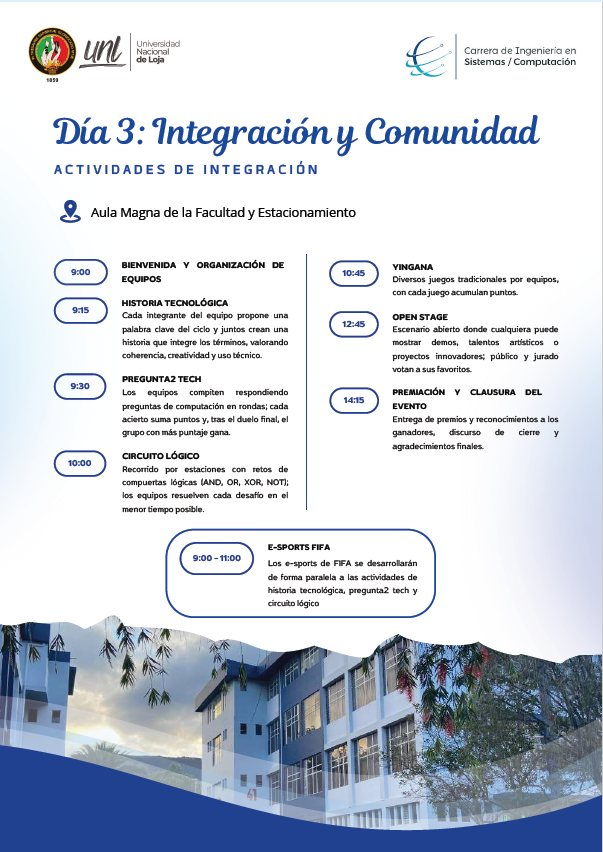Computación UNL (@computacionunl) on Twitter photo 🚀 ¡Del 30 de julio al 1 de agosto, la Carrera de <a href="/ComputacionUNL/">Computación UNL</a> <a href="/UNLoficial/">Universidad Nacional de Loja</a> vibra con innovación!
👨💻 #EthereumDay
🔬 Feria Científica
🎮 E-Sports + Retos Tech
📍 Facultad de la Energía – UNL
🎁 Charlas, premios y más
#Blockchain #InnovaciónUNL #ComunidadUNL 🚀 ¡Del 30 de julio al 1 de agosto, la Carrera de <a href="/ComputacionUNL/">Computación UNL</a> <a href="/UNLoficial/">Universidad Nacional de Loja</a> vibra con innovación!
👨💻 #EthereumDay
🔬 Feria Científica
🎮 E-Sports + Retos Tech
📍 Facultad de la Energía – UNL
🎁 Charlas, premios y más
#Blockchain #InnovaciónUNL #ComunidadUNL