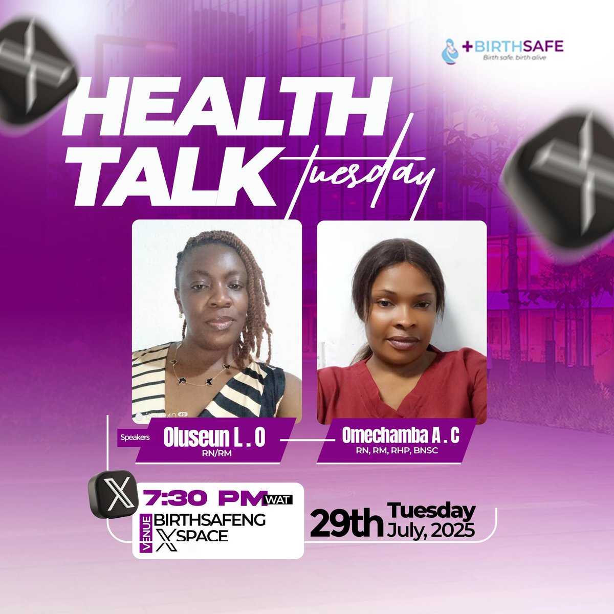 Birthsafeng's tweet photo. Join the conversation TONIGHT
ποΈ #HealthTalkTuesday
π’ 7:30PM WAT
π On X (Twitter Space) via @birthsafeng
#MaternalHealthMatters #Birthsafeng https://t.co/g67GVXLESi
